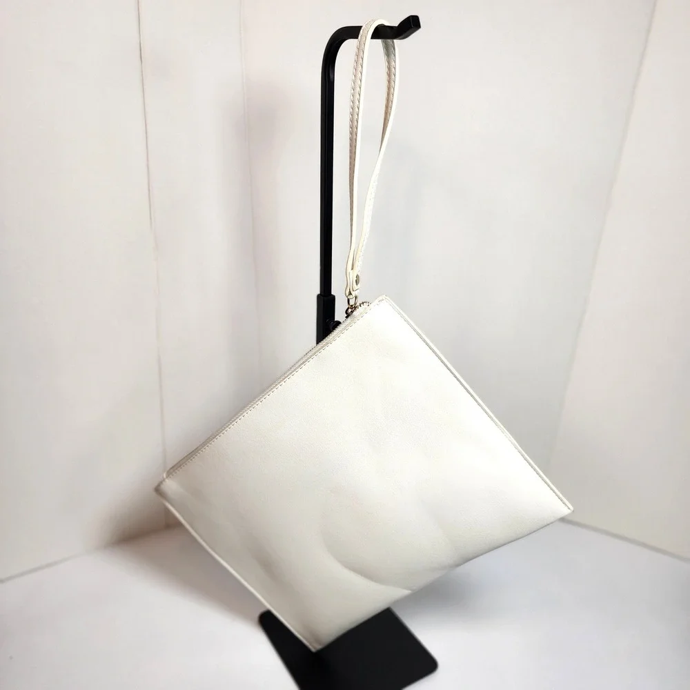 White Laser Cut Perforated Grommet Wristlet Clutch Bag with Gold Accents